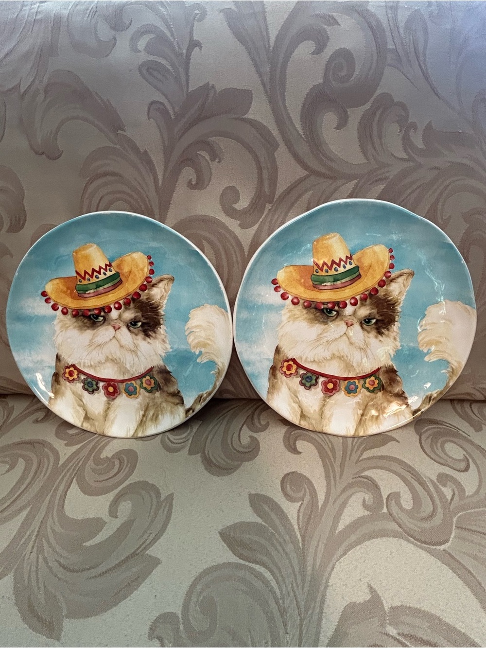 Set of 2 Pier 1 Imports Juan The Cat Salad Plates Grumpy Cat Sombrero Floral